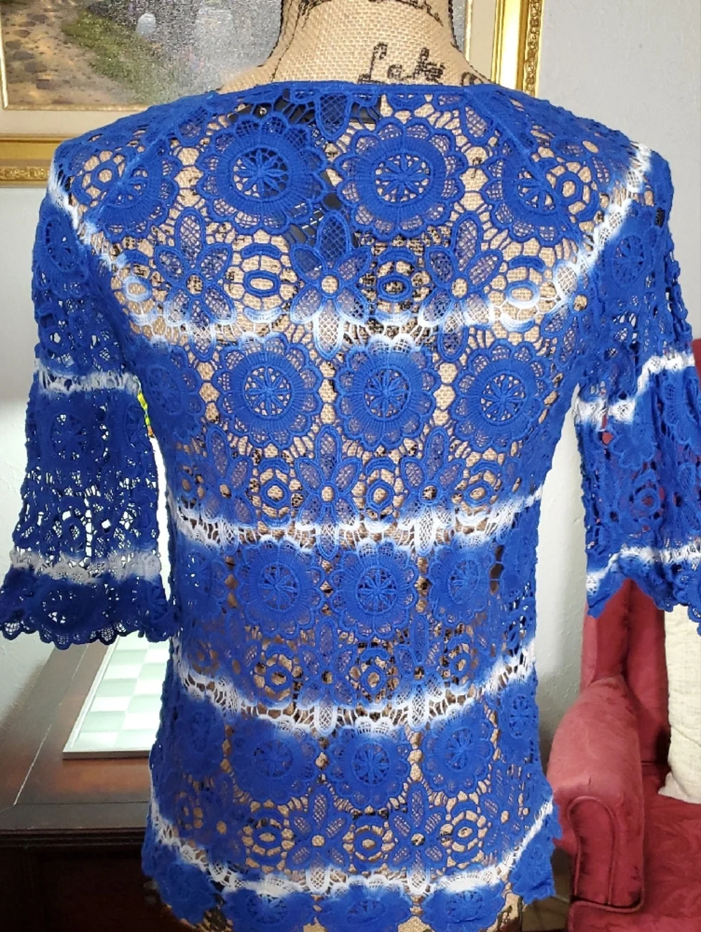 INC International Concepts Cobalt Blue Crochet Lace Tunic with White Accents